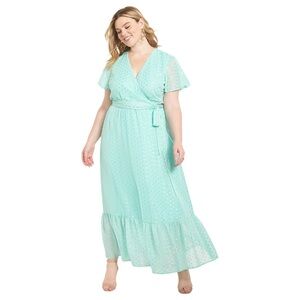 💙 NWT Lane Bryant Flutter Sleeve Foil Dot Chiffon Maxi Dress Wedding Guest